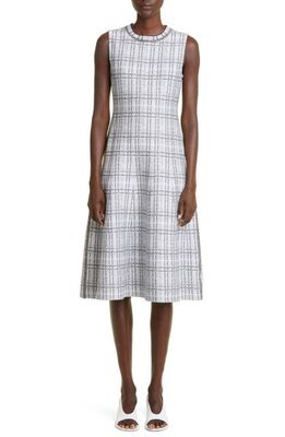 St. John Collection Pixelated Plaid Jacquard Fit & Flare Dress in Ecru/Navy Multi