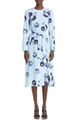 St. John Collection Rose Print Long Sleeve Silk Blend Midi Dress in Sky Blue Multi