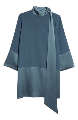 St. John Collection Scarf Neck Long Sleeve Crepe Back Satin Shift Dress in Prussian Blue