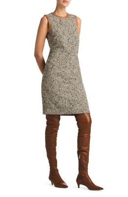 St. John Collection Sleeveless Leather Trim Bouclé Tweed Dress in Camel/Ecru Multi