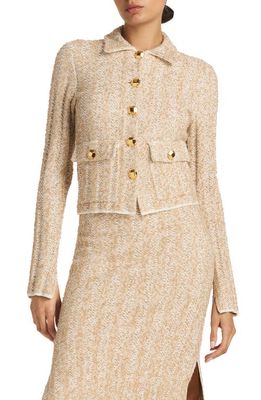 St. John Collection Slub Chevron Stitch Knit Tweed Jacket in Camel/Ivory Multi