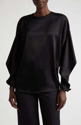 St. John Collection Split Sleeve Open Back Liquid Satin Top in Caviar