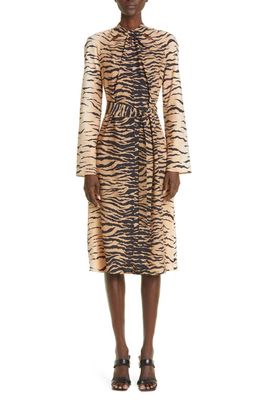 St. John Collection Tiger Print Keyhole Long Sleeve Silk Blend Midi Dress in Camel Multi