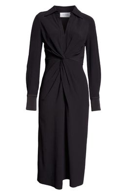 St. John Collection Twist Front Long Sleeve Crepe Back Satin Midi Shirtdress in Black