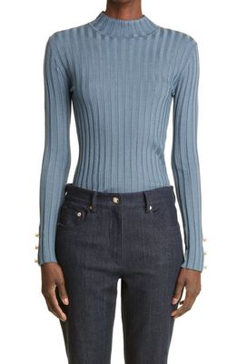 St. John Collection Vanise Ribbed Wool Blend Sweater in Blue Grey Multi