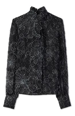 St. John Collection Wildflower Print Silk & Linen Fil Coupé Blouse in Black/Silver