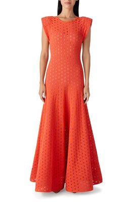 St. John Evening Cap Sleeve Eyelet Knit Fit & Flare Gown in Orange/Light Pink