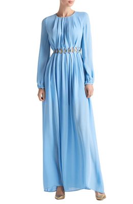 St. John Evening Chain Detail Long Sleeve Silk Georgette Dress in Cornflower