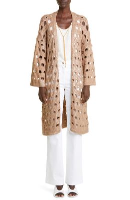 St. John Evening Coated Open Cable Stitch Wool Blend Cardigan in Camel/Gold
