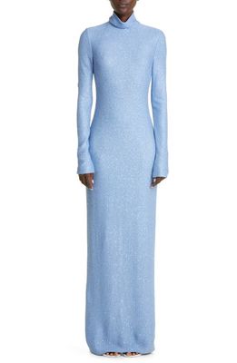 St. John Evening High Neck Long Sleeve Sequin Knit Gown in Blue