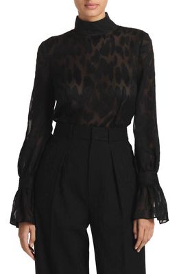 St. John Evening Leopard Fil Coupé Bell Cuff Shirt in Black/Black