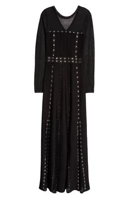 St. John Evening Rhinestone Studded Long Sleeve Knit Gown in Black