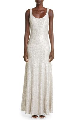 St. John Evening Sequin Knit Trumpet Gown in Cream/Silver