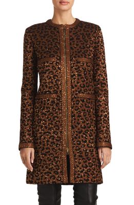 St. John Evening Sequin Leopard Jacquard Long Jacket in Caramel/Copper Multi