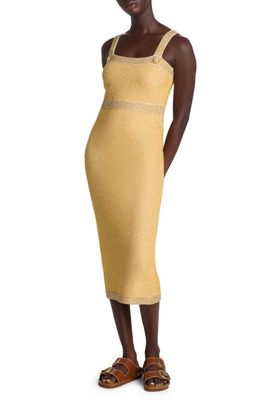 St. John Evening Sequin Twill Knit Cocktail Dress in Golden Rod/Light Khaki Multi