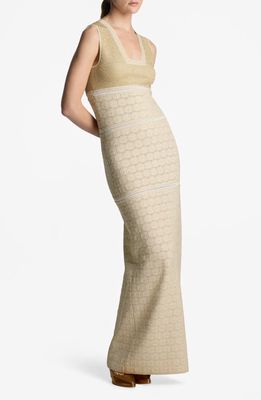 St. John Evening Shimmer Pointelle Knit Gown in Ecru/Gold Lurex Multi