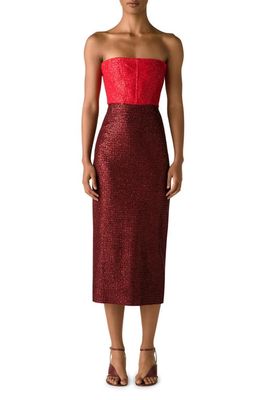 St. John Evening Strapless Colorblock Sequin Midi Dress in Red/Burgundy