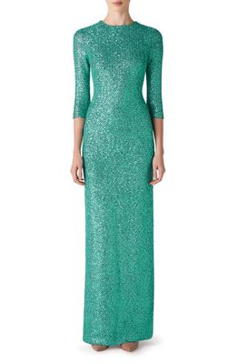St. John Evening Three Quarter Sleeve Sequin Knit Gown in Turquoise Multi