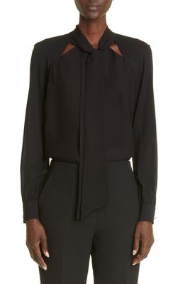 St. John Evening Tie Neck with Cutouts Silk Blend Blouse in Black