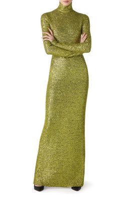 St. John Evening Turtleneck Long Sleeve Sequin Knit Gown in Light Green/Navy