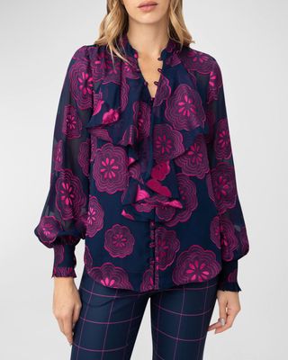 St Marks Ruffle-Front Floral Jacquard Top