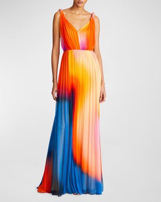 Stacia Pleated Ombre Chiffon Gown