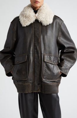 Stand Studio Danata Genuine Shearling Collar Lambskin Leather Jacket in Worn Black
