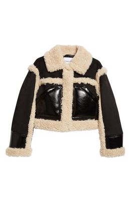 Stand Studio Edith Faux Shearling Trim Faux Suede Crop Jacket in Black/Natural White