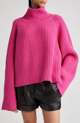 Stand Studio Funnel Neck Crop Wool Rib Sweater in Fuchsia/Bright Poppy