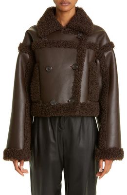Stand Studio Kristy Double Breasted Faux Leather Crop Jacket with Faux Shearling Trim in Dark Brown