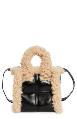 Stand Studio Liz II Faux Leather Top Handle Bag with Faux Shearling Trim in Black/Natural Beige