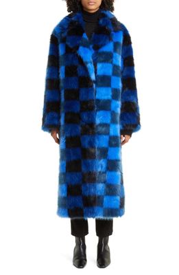 Stand Studio Mio Checkerboard Faux Fur Coat in Multi Blue Check