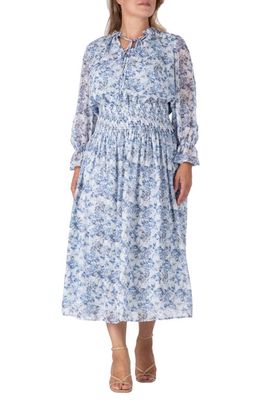 Standards & Practices Floral Long Sleeve Midi Dress in Blue White Print
