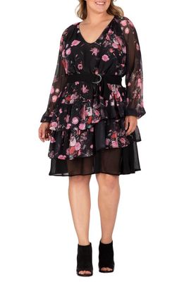 Standards & Practices Floral Print Belted Long Sleeve Chiffon Dress in Black Floral