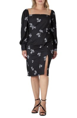 Standards & Practices Floral Ruched Long Sleeve Dress in Black White Sakura