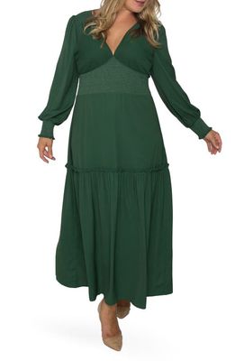 Standards & Practices Floral Smock Waist Long Sleeve Georgette Maxi Dress in Green