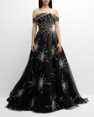 Starburst Embroidered Tulle Off-The-Shoulder Gown