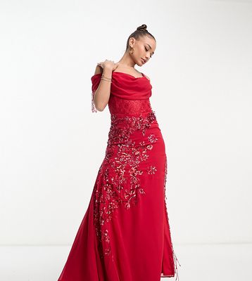 Starlet bardot maxi dress with thigh split in red floral lace with bead fringe