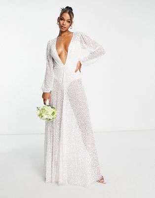 Starlet Bridal sheer balloon sleeve plunge sequin maxi dress in ivory trailing sequin-White