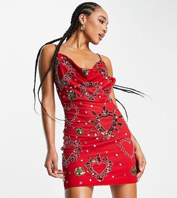 Starlet cowl neck mini dress with sacred heart embellishment in red