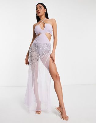 Starlet embellished halter cut-out sheer maxi dress in lilac-Purple