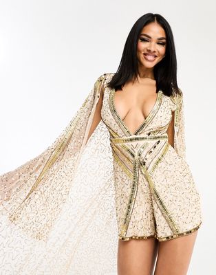 Starlet embellished sequin romper with cape in gold