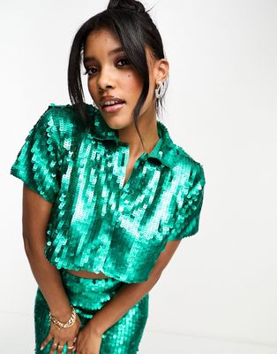 Starlet embellished sequin top in emerald green - part of a set