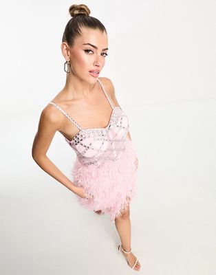 Starlet exclusive embellished faux feather midi dress in pink-Silver