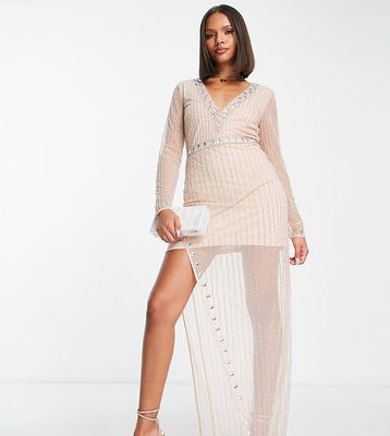 Starlet Exclusive embellished thigh slit midaxi dress in champagne-Gold