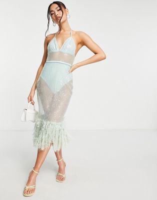 Starlet exclusive faux feather sheer embellished midi dress in mint-Green