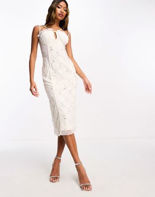 Starlet exclusive ruched cup embellished midi dress in ivory-White