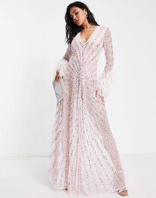 Starlet plunge embellished maxi dress with faux feather cuffs in baby pink