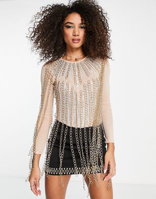 Starry Eyed premium embellished chain detail bodysuit in gold