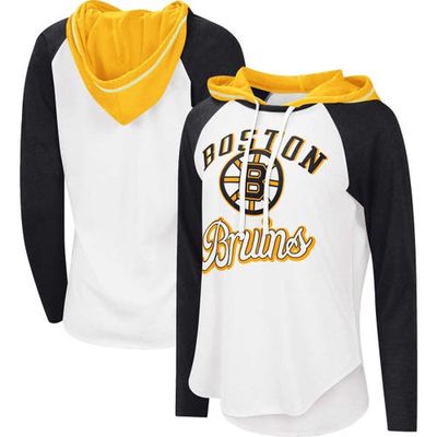 STARTER Women's G-III Sports by Carl Banks White/Heather Black Boston Bruins MVP Raglan Lightweight Hooded T-Shirt